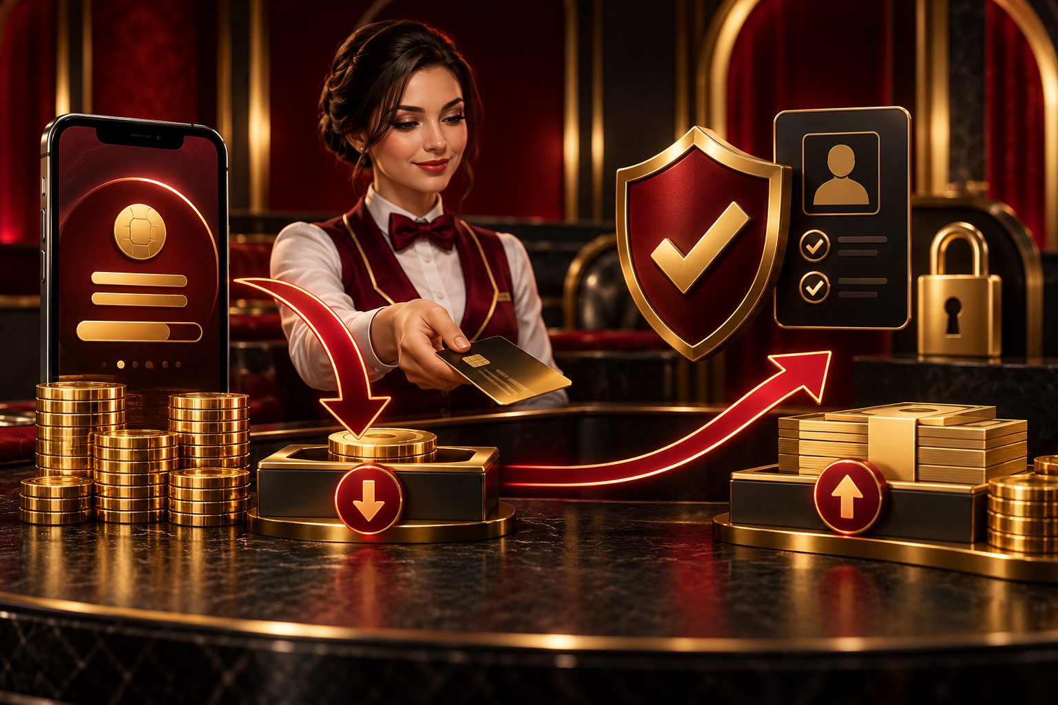 Casino cashier, payment card, shield and verification route in red and gold