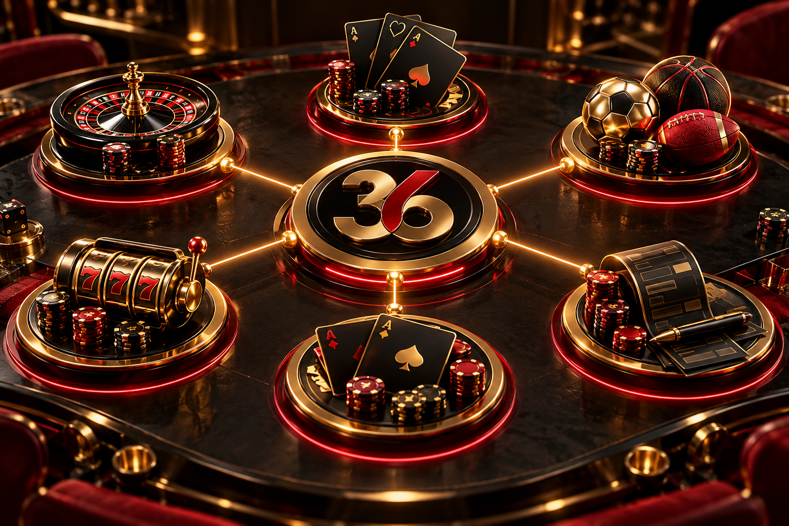 Six casino and sports destinations connected to a central 36 Vegas comparison hub